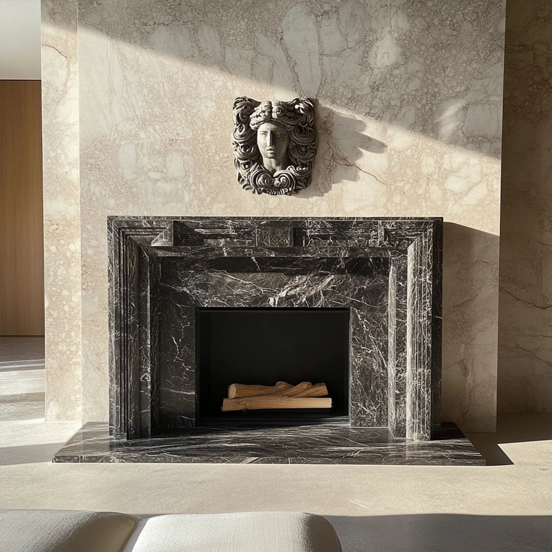 ONS Marble Marble Fireplace Mantel with Ornate Sculpture