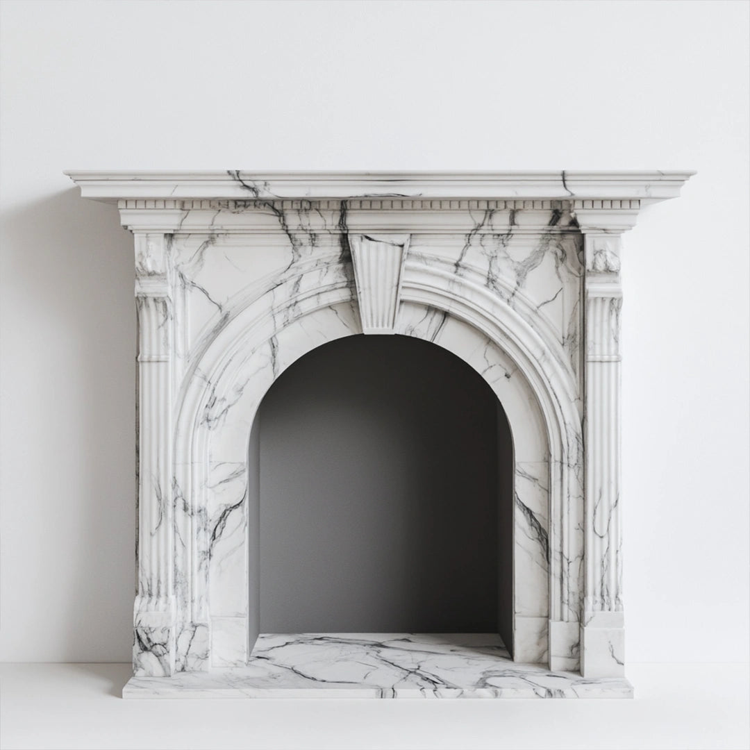ONS Marble White Marble Arch Fireplace Mantel with Fluted Columns