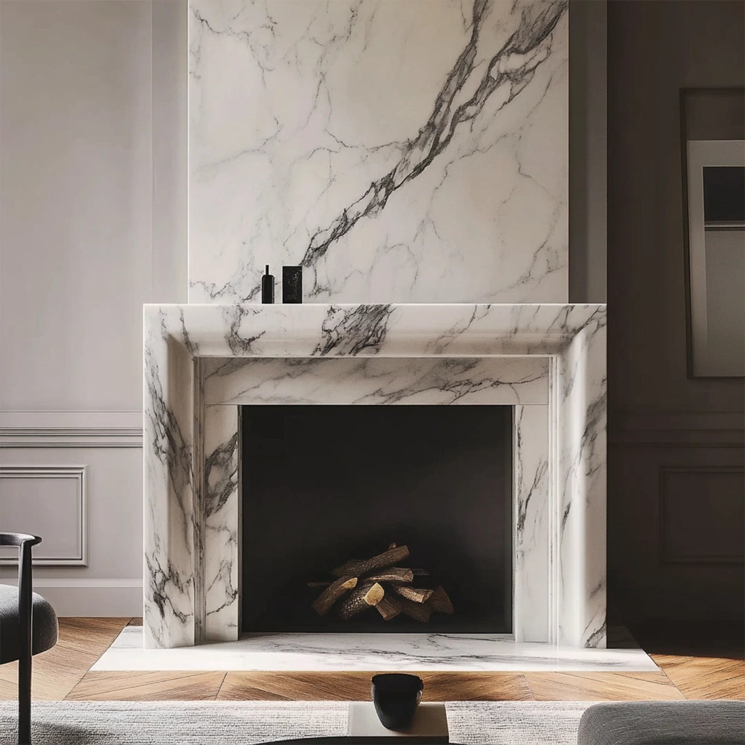 ONS Marble Elegant Marble Fireplace Mantel With an Extended Overmantel