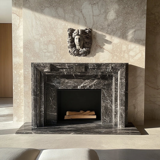 ONS Marble Marble Fireplace Mantel with Ornate Sculpture